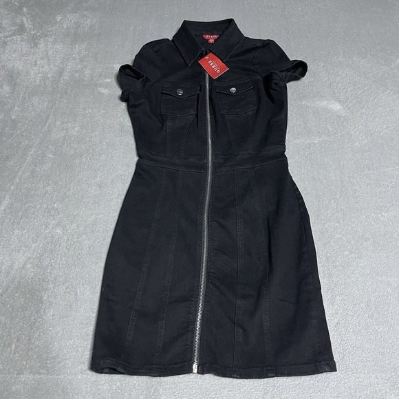 Guess Dress Womens XS Black Denim Kaori Moto Full Zip Mini Zip‎ Up Grunge Goth - Picture 1 of 5